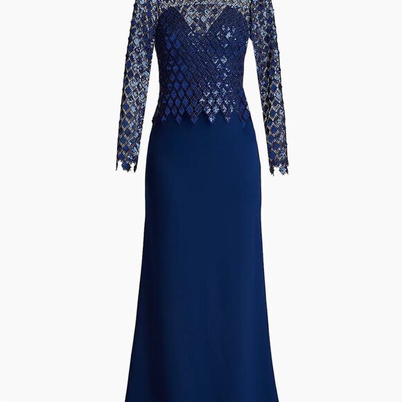 TADASHI SHOJI Midnight Caddel Sequin Lace Top Illusion Gown 61286 Sz 4 $495 - Picture 3 of 8
